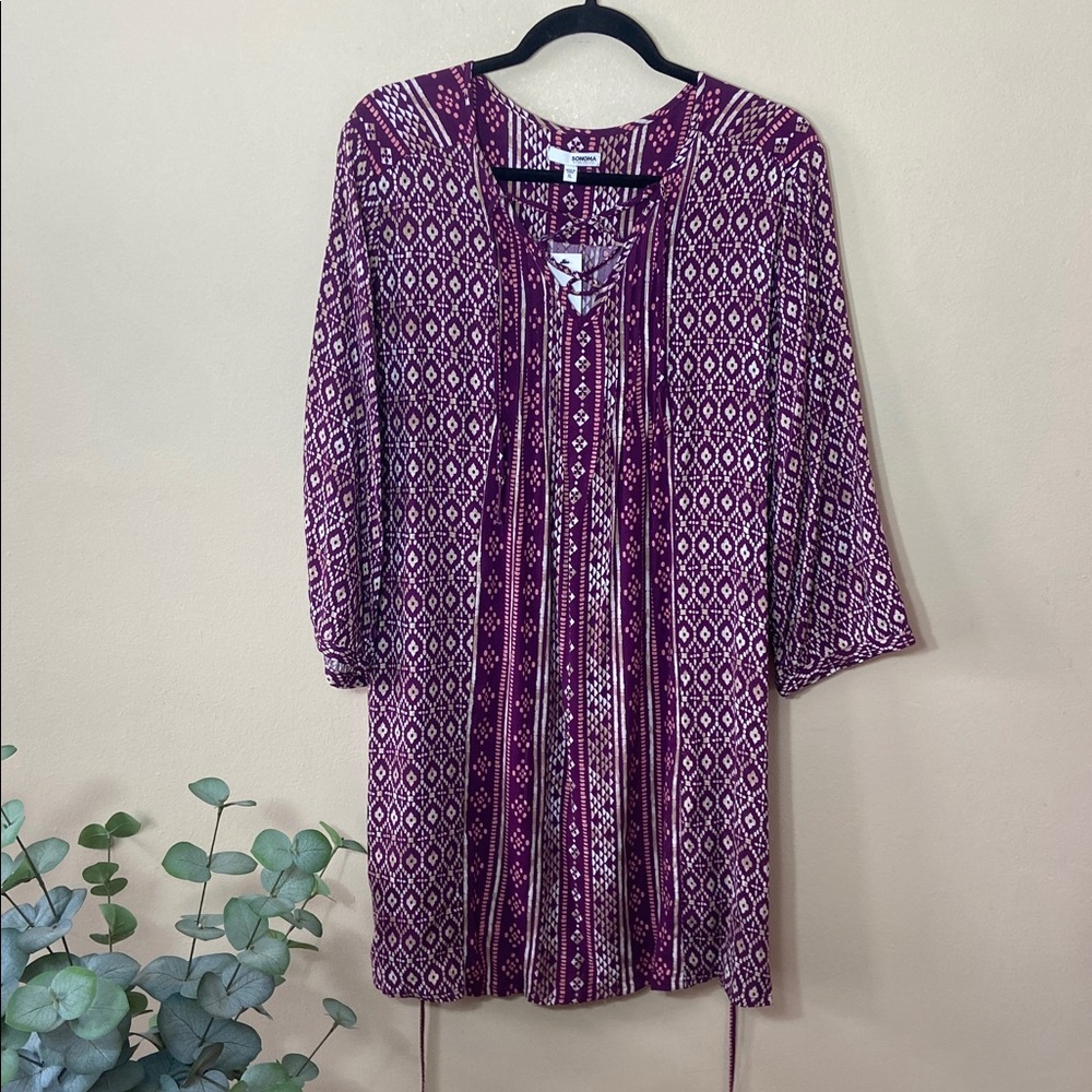 NWT Sonoma Purple Geometric Tunic Dress Boho Peasant Blouse XL Lace Up Neck
